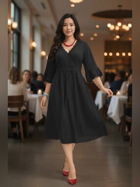 NWT: BloomChic size 12 Black V-Neck Midi Dress with embroidered lace on Waist